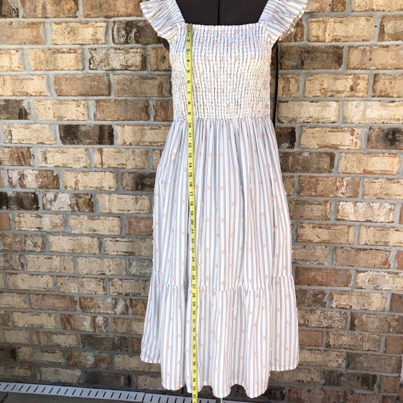 Loft Cotton Blend Clip Stripe Smocked Ruffle Pockets Lined Breeze Midi Dress S - Picture 15 of 16